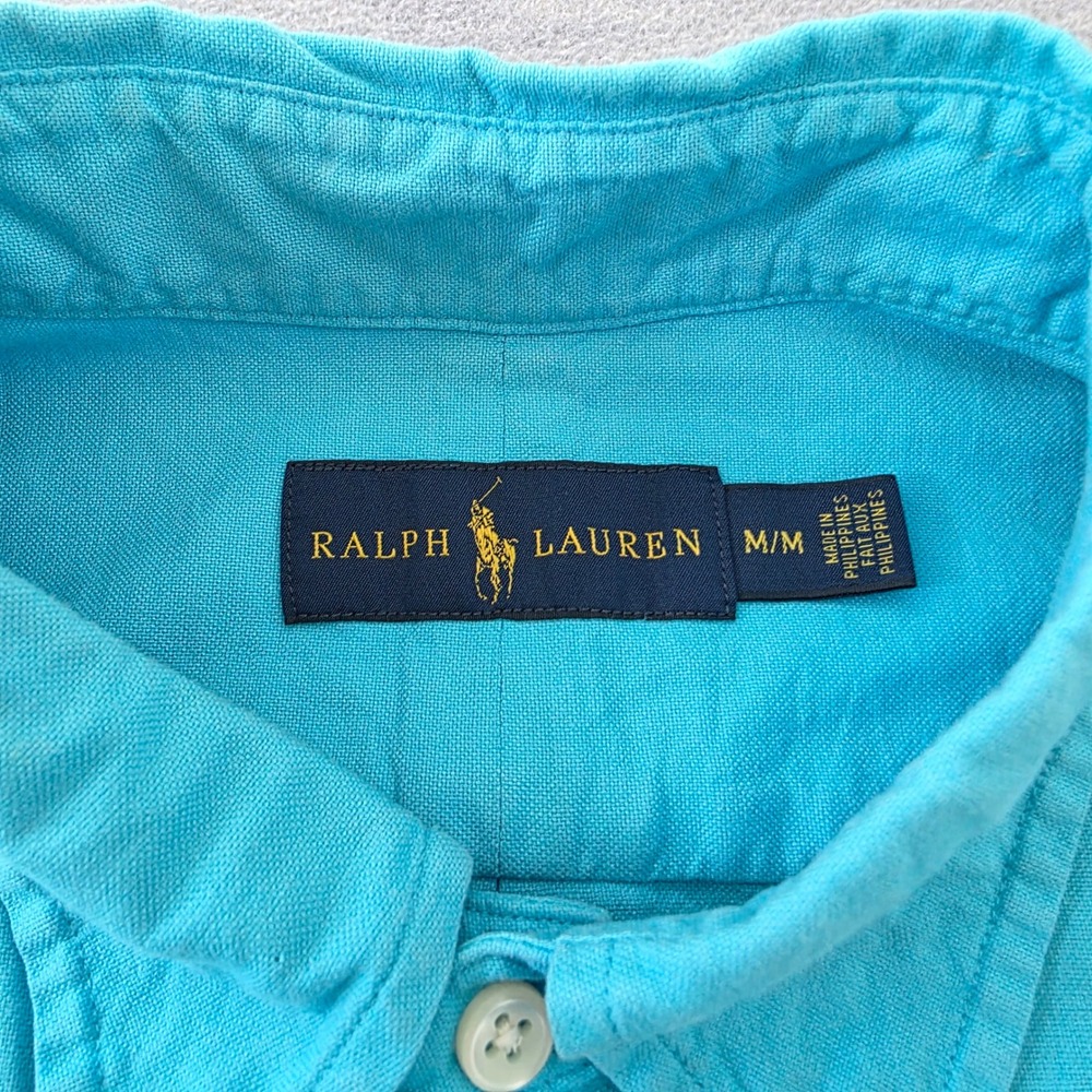Ralph Lauren Mens Medium Short Sleeve Button Down Shirt Turquoise Blue Cotton - Picture 3 of 8